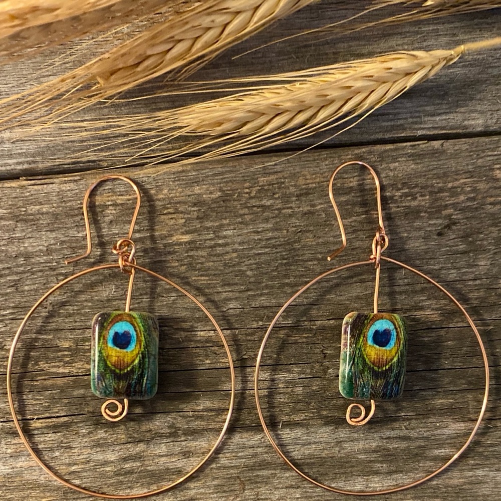 New Boho Style Peacock Copper Hoop Dangle Earrings